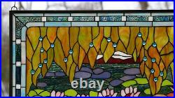 34.5 x 20.5 Jeweled Handcrafted stained glass window panel waterlily pond