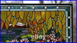 34.5 x 20.5 Jeweled Handcrafted stained glass window panel waterlily pond