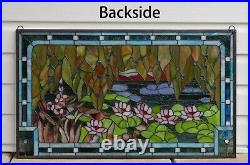 34.5 x 20.5 Jeweled Handcrafted stained glass window panel waterlily pond