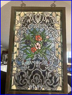 34 x 24 Lg Decorative Handcrafted Jeweled stained glass window panel flower