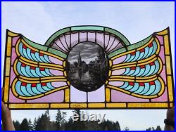 36 Wide Antique French Art Deco Stained Glass Panel of Bruges withCopper Frame