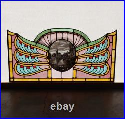 36 Wide Antique French Art Deco Stained Glass Panel of Bruges withCopper Frame