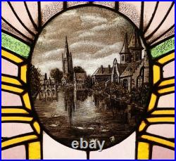 36 Wide Antique French Art Deco Stained Glass Panel of Bruges withCopper Frame