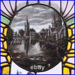 36 Wide Antique French Art Deco Stained Glass Panel of Bruges withCopper Frame