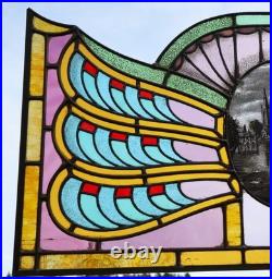 36 Wide Antique French Art Deco Stained Glass Panel of Bruges withCopper Frame
