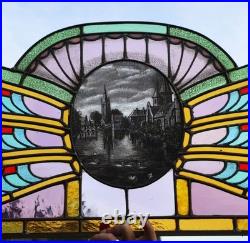 36 Wide Antique French Art Deco Stained Glass Panel of Bruges withCopper Frame