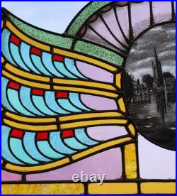 36 Wide Antique French Art Deco Stained Glass Panel of Bruges withCopper Frame