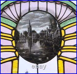 36 Wide Antique French Art Deco Stained Glass Panel of Bruges withCopper Frame