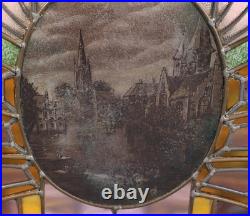 36 Wide Antique French Art Deco Stained Glass Panel of Bruges withCopper Frame