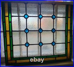 3 Antique 21.5 x 18.5 Stained Glass Window Leaded Jeweled Green Blue Yellow Wavy