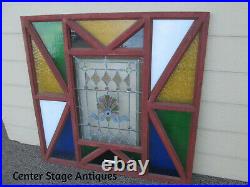54704 Large Leaded Glass Stained Glass Window Inset in Folk Art Frame