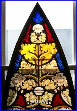ANTIQUE 1800's ARCH LEADED STAINED GLASS CHURCH WINDOW 52 x 27 GOTHIC ART VGC