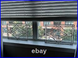 ANTIQUE (1930s) LEADED BEVELED ETCHED GLASS WINDOW PAIR 19 Inch X 13 Inch ANTIQUE (1930s) LEADED BEVELED ETCHED GLASS WINDOW PAIR 19 Inch X 13 Inch
