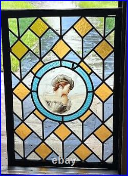 ANTIQUE 1940s STAINED LEADED KILN FIRED VICTORIAN WINDOW