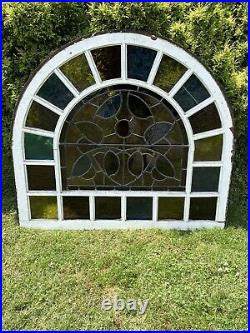 ANTIQUE ARCHED STAINED GLASS CHURCH WINDOW, early 1900s salvage