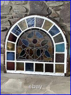 ANTIQUE ARCHED STAINED GLASS CHURCH WINDOW, early 1900s salvage