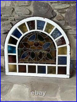 ANTIQUE ARCHED STAINED GLASS CHURCH WINDOW, early 1900s salvage