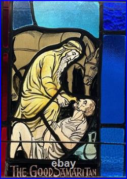 ANTIQUE CHURCH WINDOW The Good Samaritan FIRED PAINTED GLASS 1940s NYC