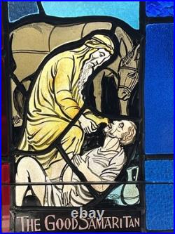 ANTIQUE CHURCH WINDOW The Good Samaritan FIRED PAINTED GLASS 1940s NYC