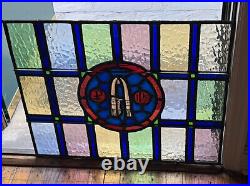 ANTIQUE FIRED STAINED GLASS CHURCH WINDOW sign you will conquer PHILA PA 1930