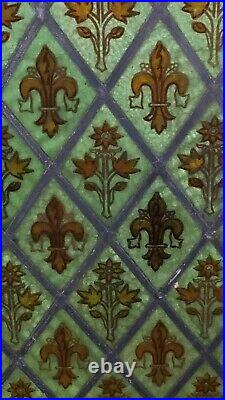 ANTIQUE GOTHIC STAINED GLASS CHURCH WINDOW, FLEUR DE LIS ORCHIDS 1800s NYC AREA