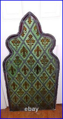ANTIQUE GOTHIC STAINED GLASS CHURCH WINDOW, FLEUR DE LIS ORCHIDS 1800s NYC AREA