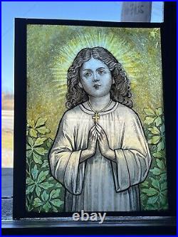 ANTIQUE HAND PAINTED KILN FIRED LEADED GLASS WINDOW young JESUS CHRIST, NYC AREA