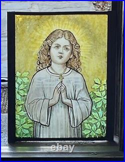 ANTIQUE HAND PAINTED KILN FIRED LEADED GLASS WINDOW young JESUS CHRIST, NYC AREA