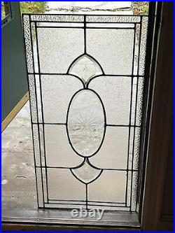 ANTIQUE LEADED BEVELED ETCHED GLASS WINDOW, PA COAL REGION 1930s 18 x 36