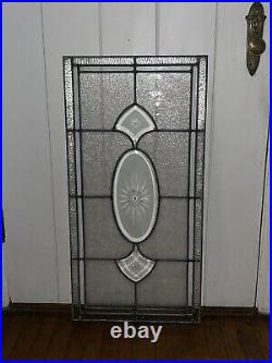 ANTIQUE LEADED BEVELED ETCHED GLASS WINDOW, PA COAL REGION 1930s 18 x 36