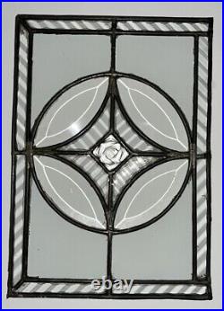 ANTIQUE LEADED ETCHED BEVELED GLASS SMALL WINDOW FOR REPURPOSE 1920s