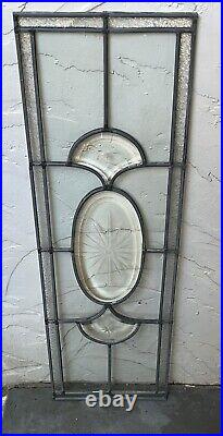 ANTIQUE LEADED GLASS WINDOW, BEVELED ETCHED CENTERPIECES, COAL REGION PA, 1930s
