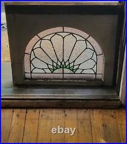 ANTIQUE LEADED STAINED GLASS ARCH WINDOW, ORIGINAL FRAME, PITTSTON PA 1890s