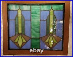 ANTIQUE LEADED STAINED-GLASS WINDOW, AS IS, WOOD FRAME 28.25 x 24