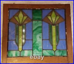 ANTIQUE LEADED STAINED-GLASS WINDOW, AS IS, WOOD FRAME 28.25 x 24