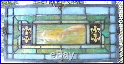 ANTIQUE LEADED STAINED PAINTED GLASS TRANSOM WINDOW SLAG 28.5x14.5 IRON FRAME