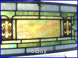ANTIQUE LEADED STAINED PAINTED GLASS TRANSOM WINDOW SLAG 28.5x14.5 IRON FRAME