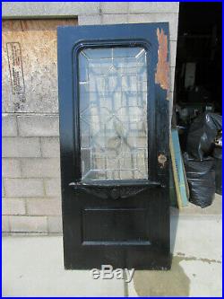ANTIQUE OAK DOOR WITH BEVELED LEADED GLASS 36 x 79 ARCHITECTURAL SALVAGE