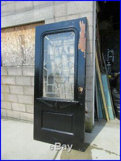 ANTIQUE OAK DOOR WITH BEVELED LEADED GLASS 36 x 79 ARCHITECTURAL SALVAGE