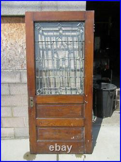 ANTIQUE OAK DOOR WITH BEVELED LEADED GLASS 38 x 83 ARCHITECTURAL SALVAGE