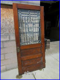 ANTIQUE OAK DOOR WITH BEVELED LEADED GLASS 38 x 83 ARCHITECTURAL SALVAGE