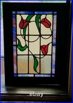 ANTIQUE ORIGINAL STAINED LEADED GLASS WINDOW, FLOWERS, 1950s, NICE