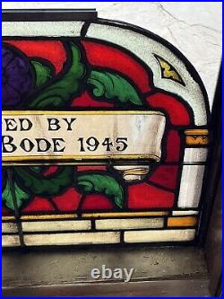 ANTIQUE STAINED FIRED GLASS WINDOW, NYC area 1940s TOMBSTONE SHAPED