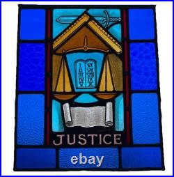 ANTIQUE STAINED GLASS CHURCH WINDOW JUSTICE painted fired glass 1940s NYC