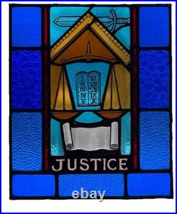 ANTIQUE STAINED GLASS CHURCH WINDOW JUSTICE painted fired glass 1940s NYC