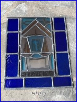 ANTIQUE STAINED GLASS CHURCH WINDOW JUSTICE painted fired glass 1940s NYC