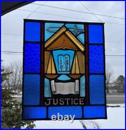 ANTIQUE STAINED GLASS CHURCH WINDOW JUSTICE painted fired glass 1940s NYC
