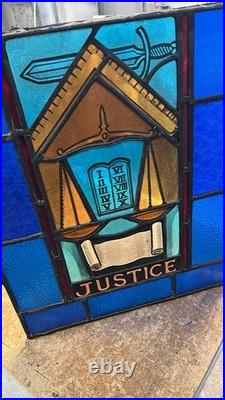 ANTIQUE STAINED GLASS CHURCH WINDOW JUSTICE painted fired glass 1940s NYC