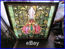 ANTIQUE STAINED GLASS LANDING WINDOW 29 JEWELS 40 x 41 SALVAGE