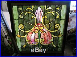 ANTIQUE STAINED GLASS LANDING WINDOW 29 JEWELS 40 x 41 SALVAGE